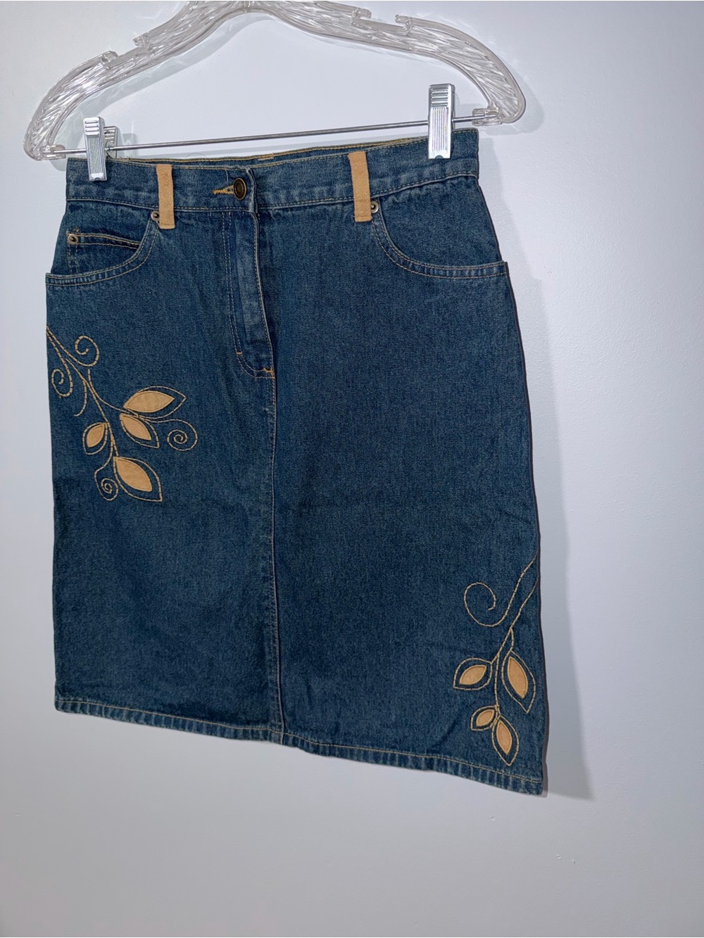 blue embroidered denim skirt contrasting suede-like leaf appliqués & embroidery
